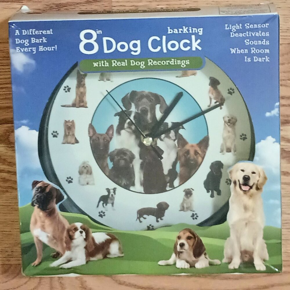 NIB ~ Mark Feldstein's Barking Dog Sounds 8-inch Clock, Black, 12 Popular Breeds